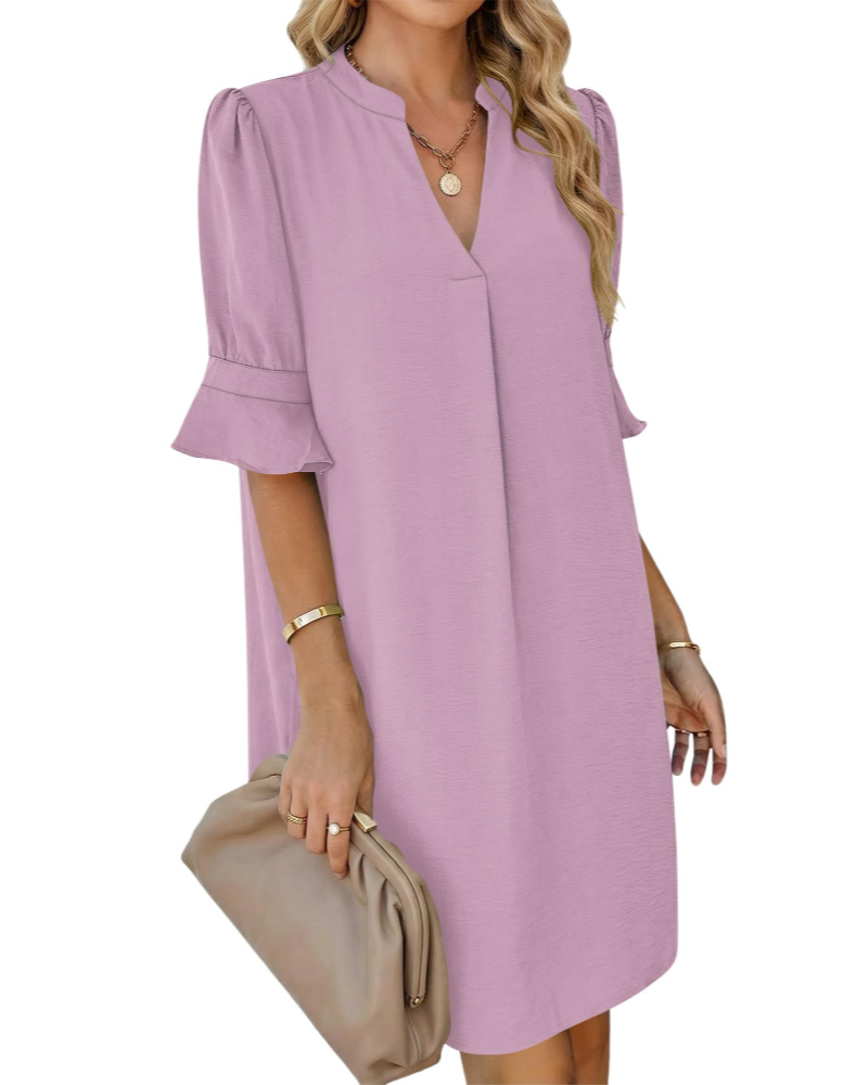 Juliet Vestido Camisero Mujer – Cuello en V, Mangas Volantes, Corte Línea A y Bolsillos