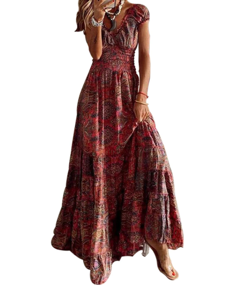 Elara Vestido Maxi Mujer – Cuello en V, Estampado Floral y Cintura Elástica