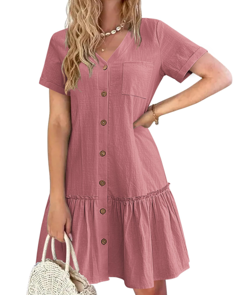 Iris Vestido Mujer Algodón y Lino – Cuello en V, Botones de Madera y Falda Plisada