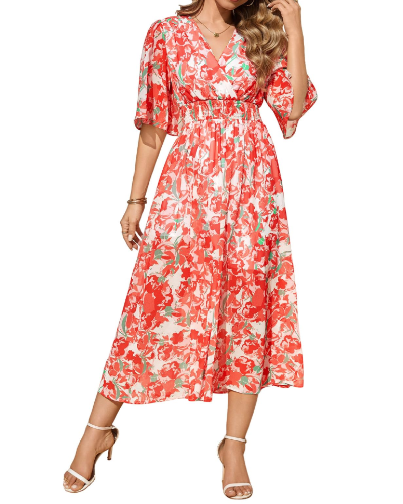 Penelope Vestido Maxi Mujer – Cuello en V, Cintura Elástica y Estampado Floral