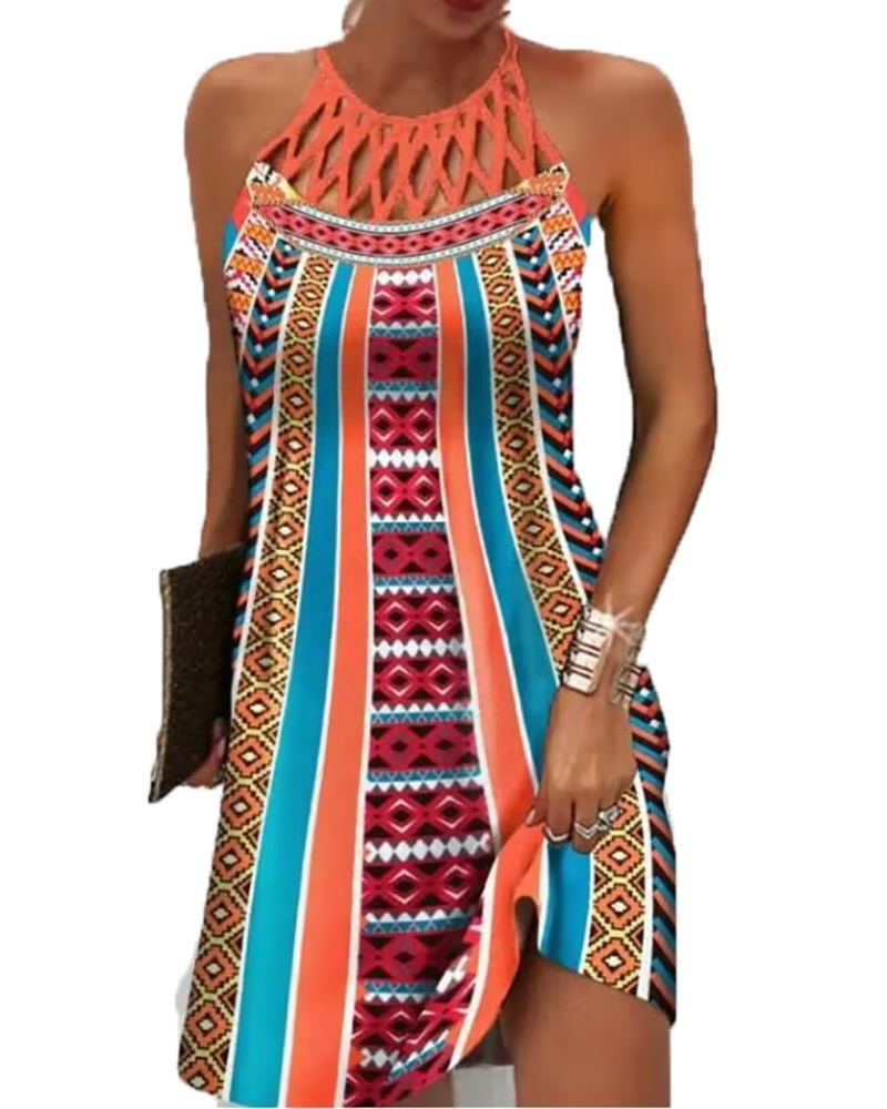 Robe Halter Boho Femme Rowena – Imprimé Ethnique, Bretelles Ajustables et Longueur Midi