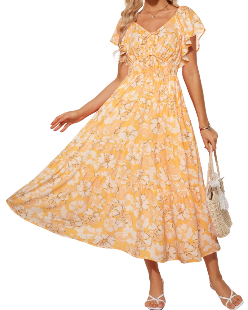 Camryn Vestido Maxi Floral Mujer – Cuello en V, Volantes y Cintura Elástica
