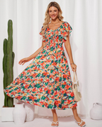 Camryn Vestido Maxi Floral Mujer – Cuello en V, Volantes y Cintura Elástica