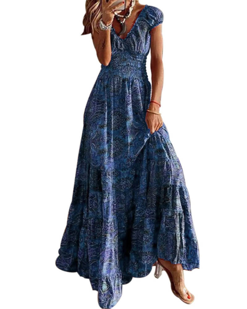 Elara Vestido Maxi Mujer – Cuello en V, Estampado Floral y Cintura Elástica