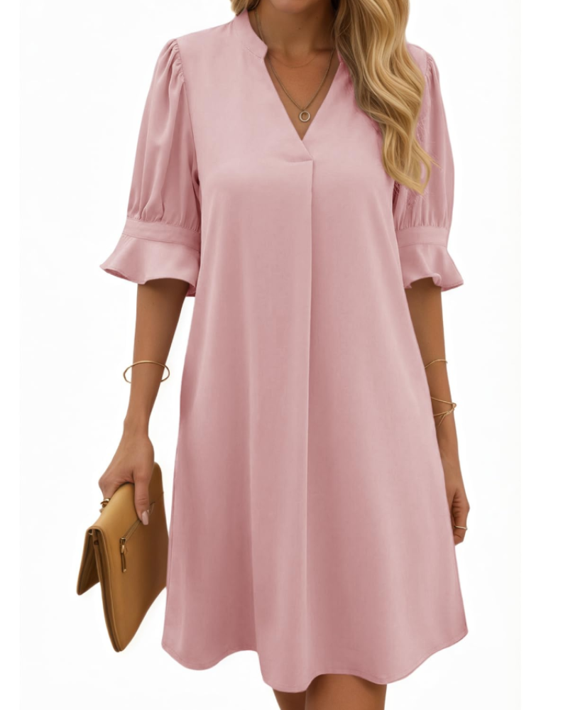 Clara Robe Midi Femme – Col en V, Manches Froncées et Design Uni