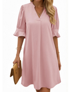 Clara Robe Midi Femme – Col en V, Manches Froncées et Design Uni