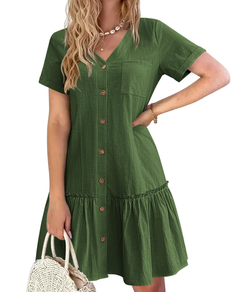 Iris Vestido Mujer Algodón y Lino – Cuello en V, Botones de Madera y Falda Plisada