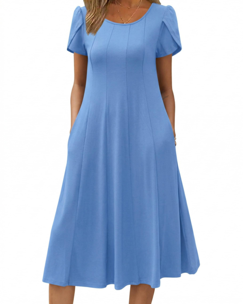 Harper Vestido Midi Mujer – Corte Línea A, Manga Corta, Bolsillos y Estampado Floral