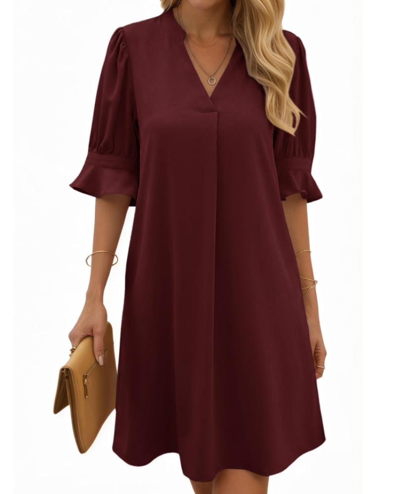 Clara Vestido Midi Mujer – Cuello en V, Mangas Fruncidas y Diseño Color Liso