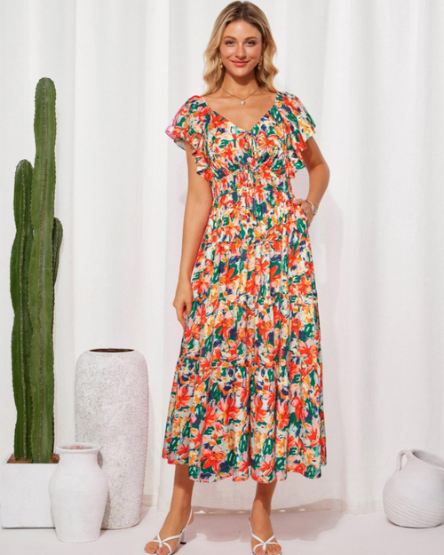 Camryn Women’s Floral Maxi Dress – V-Neck, Ruffles, and Elastic Waist:semicolon