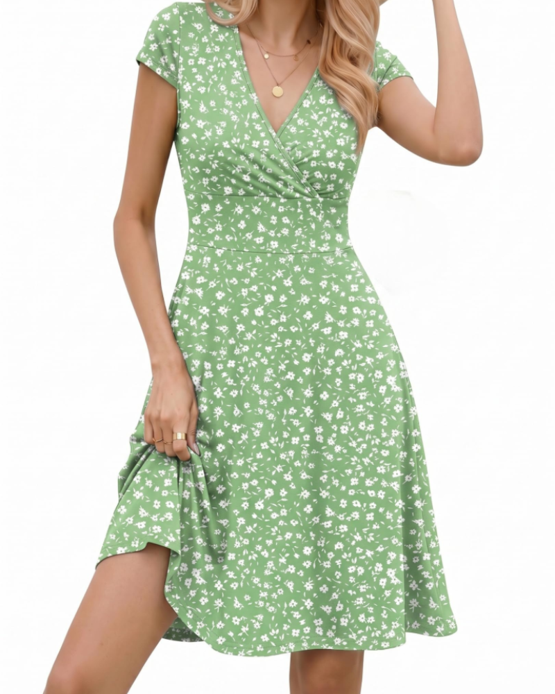 Riley Vestido Línea A Mujer – Cuello en V, Manga Corta y Tejido Jersey Elástico
