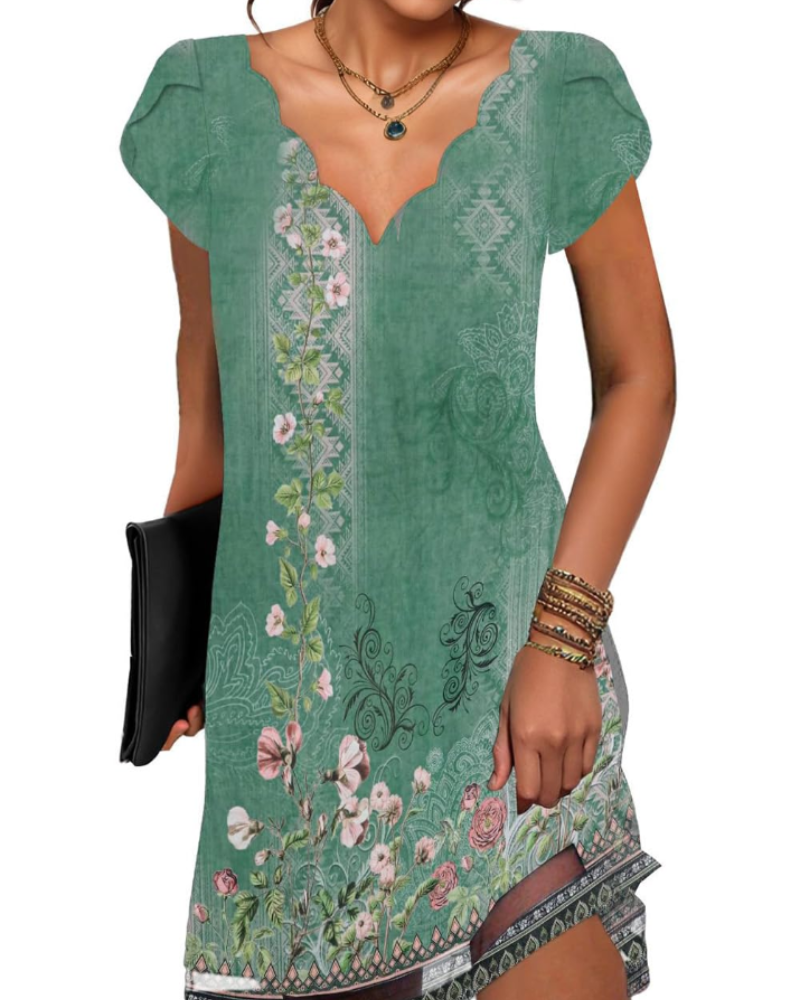 Ruby Vestido Mini Mujer – Cuello en V, Manga Corta, Estampado y Corte Relajado