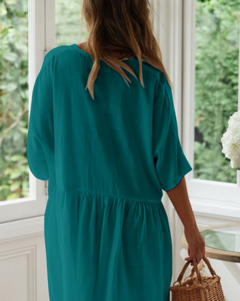 Naomi Vestido Playa Mujer – Rayón Ligero, Cuello en V, Bolsillos y Corte Oversize