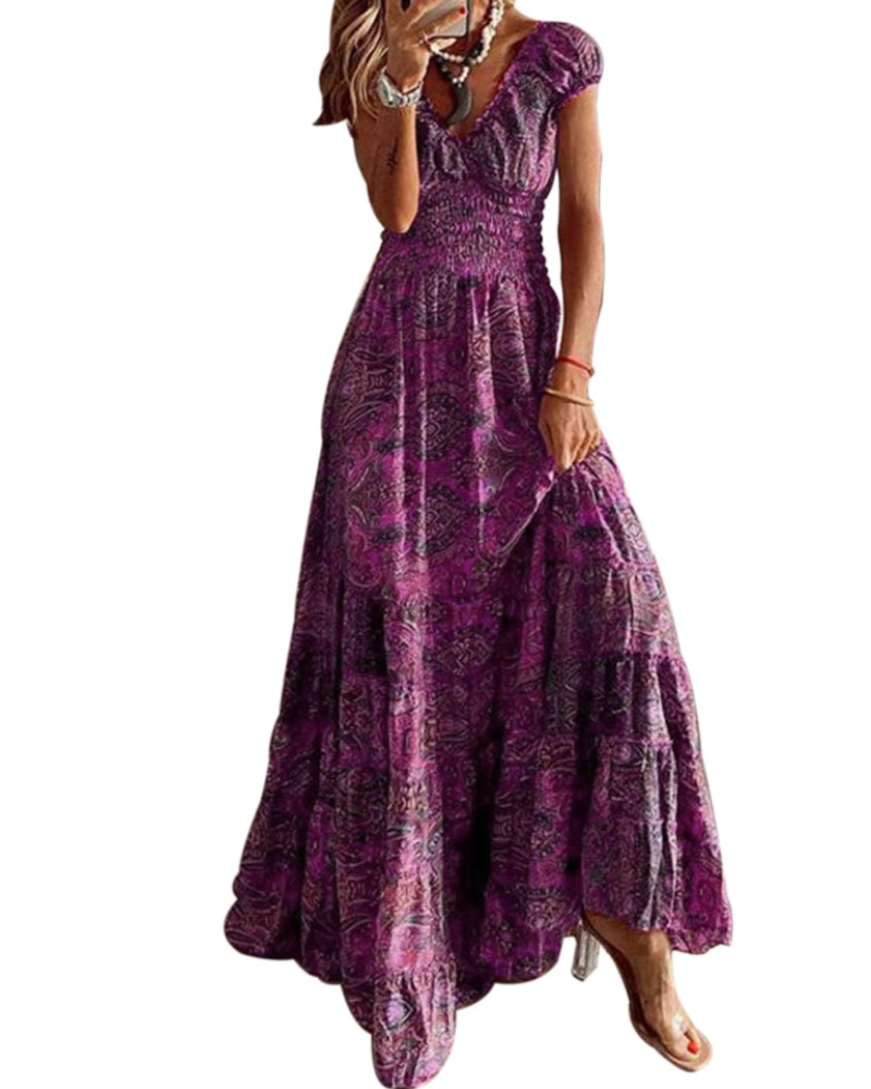 Elara Vestido Maxi Mujer – Cuello en V, Estampado Floral y Cintura Elástica