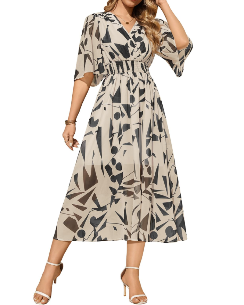 Penelope Vestido Maxi Mujer – Cuello en V, Cintura Elástica y Estampado Floral