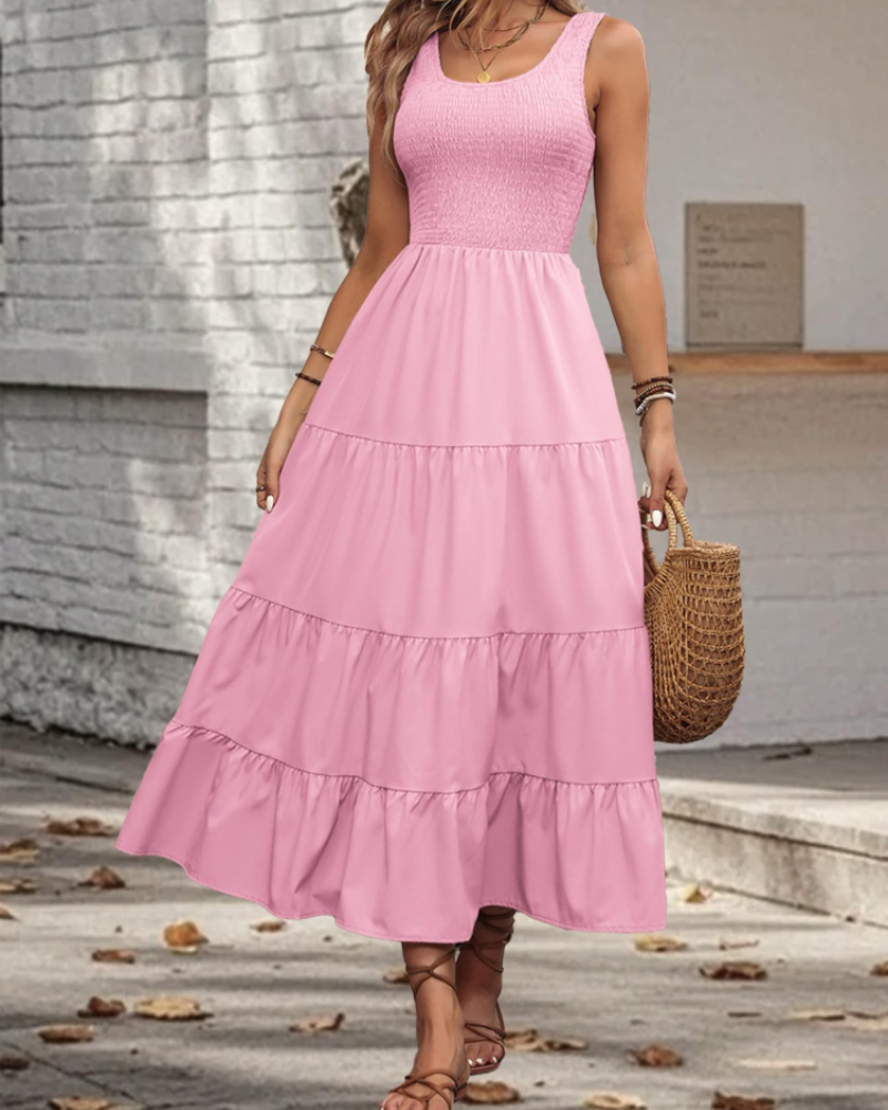 Serena Vestido Midi Mujer – Sin Mangas, Volantes, Cuello Cuadrado y Corte Fluido