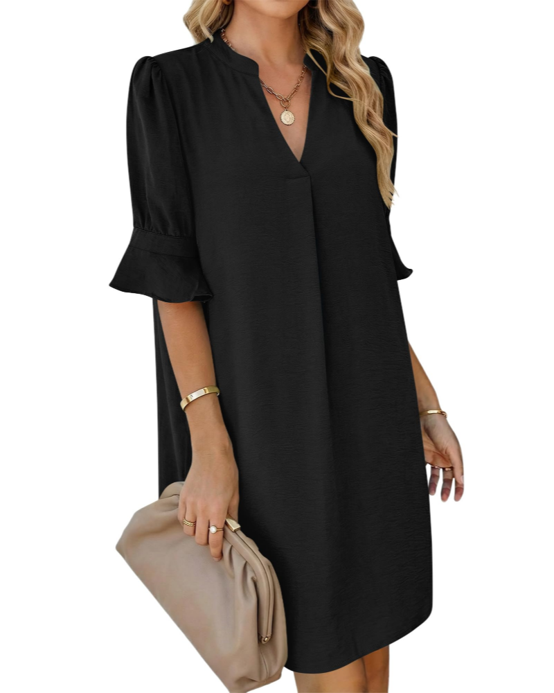 Juliet Vestido Camisero Mujer – Cuello en V, Mangas Volantes, Corte Línea A y Bolsillos