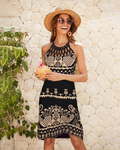 Robe Halter Boho Femme Rowena – Imprimé Ethnique, Bretelles Ajustables et Longueur Midi