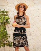 Robe Halter Boho Femme Rowena – Imprimé Ethnique, Bretelles Ajustables et Longueur Midi