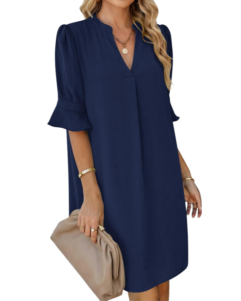Juliet Vestido Camisero Mujer – Cuello en V, Mangas Volantes, Corte Línea A y Bolsillos