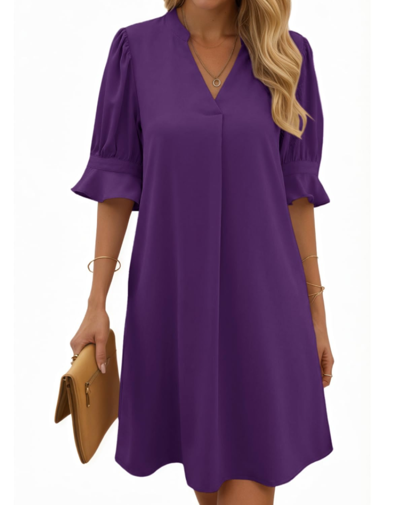 Clara Vestido Midi Mujer – Cuello en V, Mangas Fruncidas y Diseño Color Liso