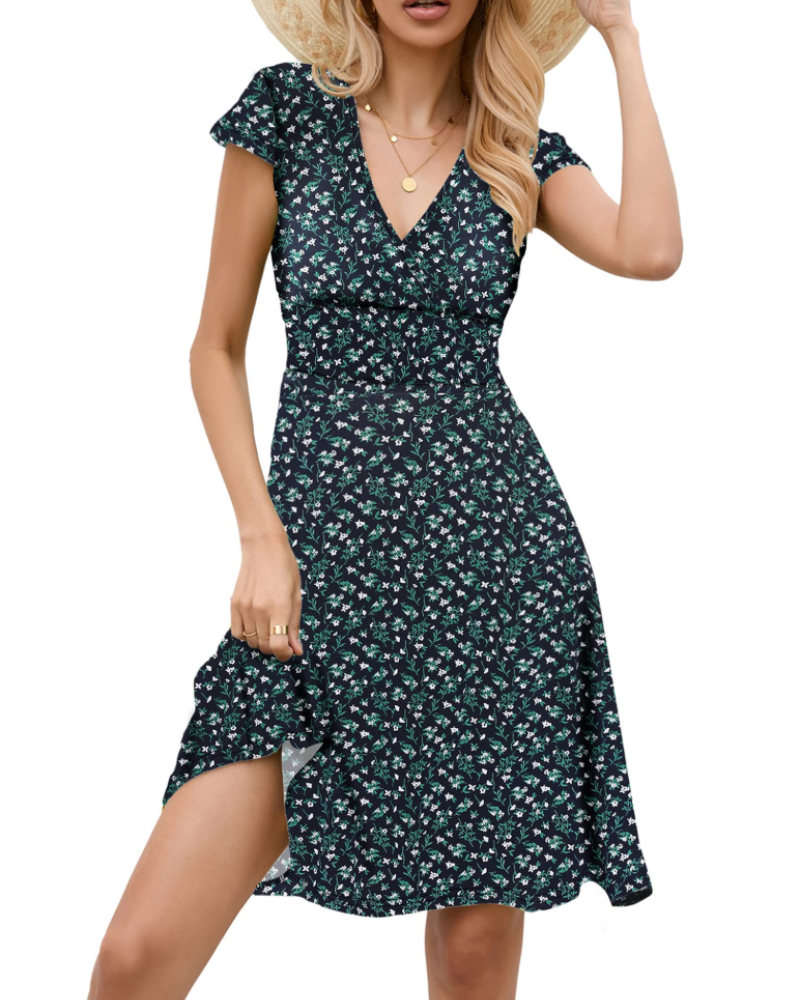 Riley Vestido Línea A Mujer – Cuello en V, Manga Corta y Tejido Jersey Elástico