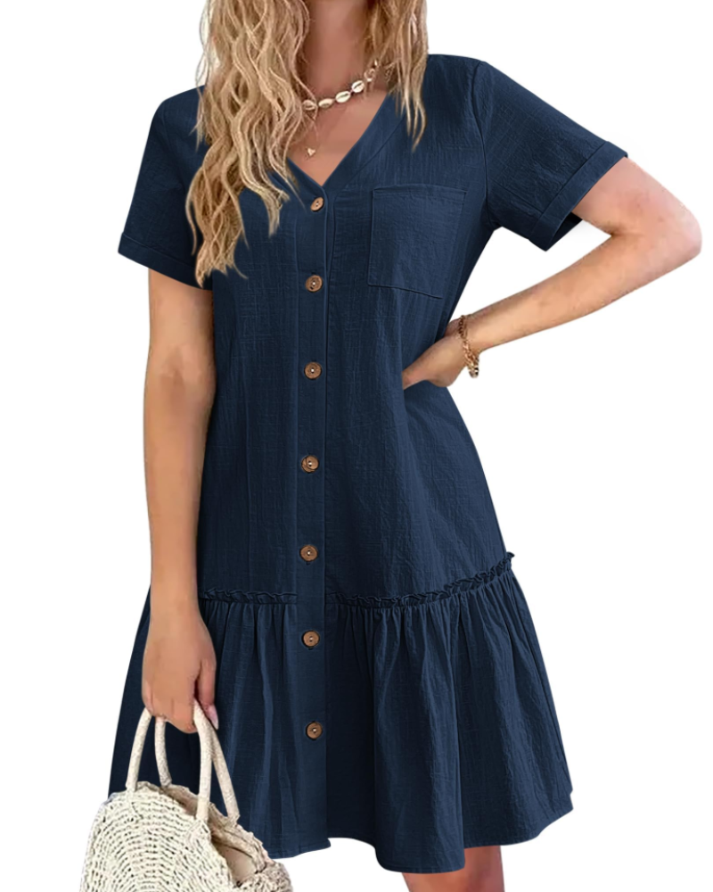 Iris Vestido Mujer Algodón y Lino – Cuello en V, Botones de Madera y Falda Plisada