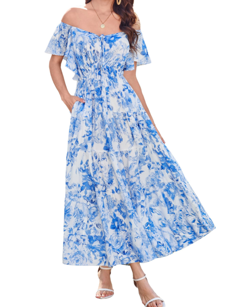 Camryn Vestido Maxi Floral Mujer – Cuello en V, Volantes y Cintura Elástica