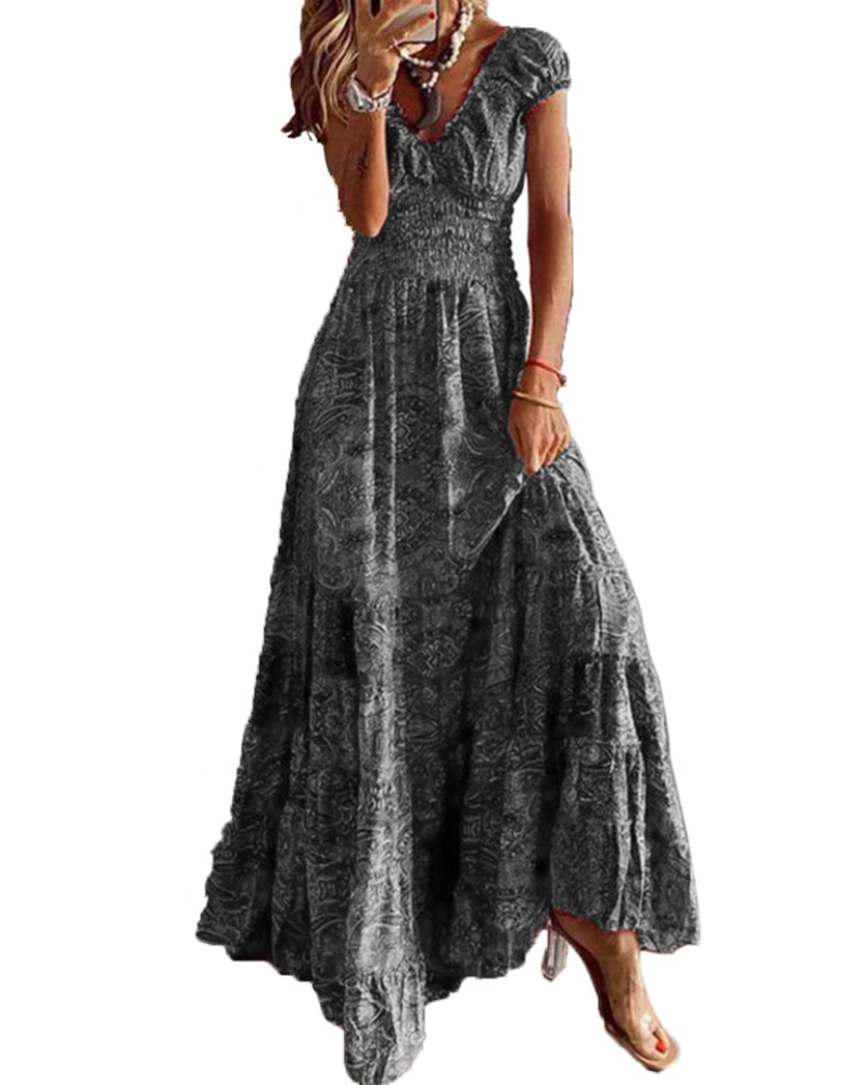 Elara Vestido Maxi Mujer – Cuello en V, Estampado Floral y Cintura Elástica