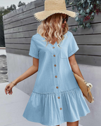Iris Robe Femme Coton et Lin – Col en V, Boutons en Bois et Jupe Plissée