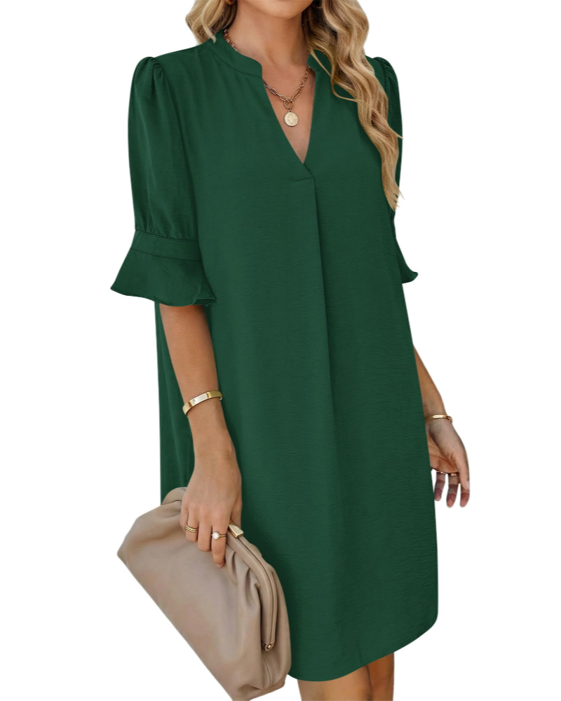 Juliet Vestido Camisero Mujer – Cuello en V, Mangas Volantes, Corte Línea A y Bolsillos