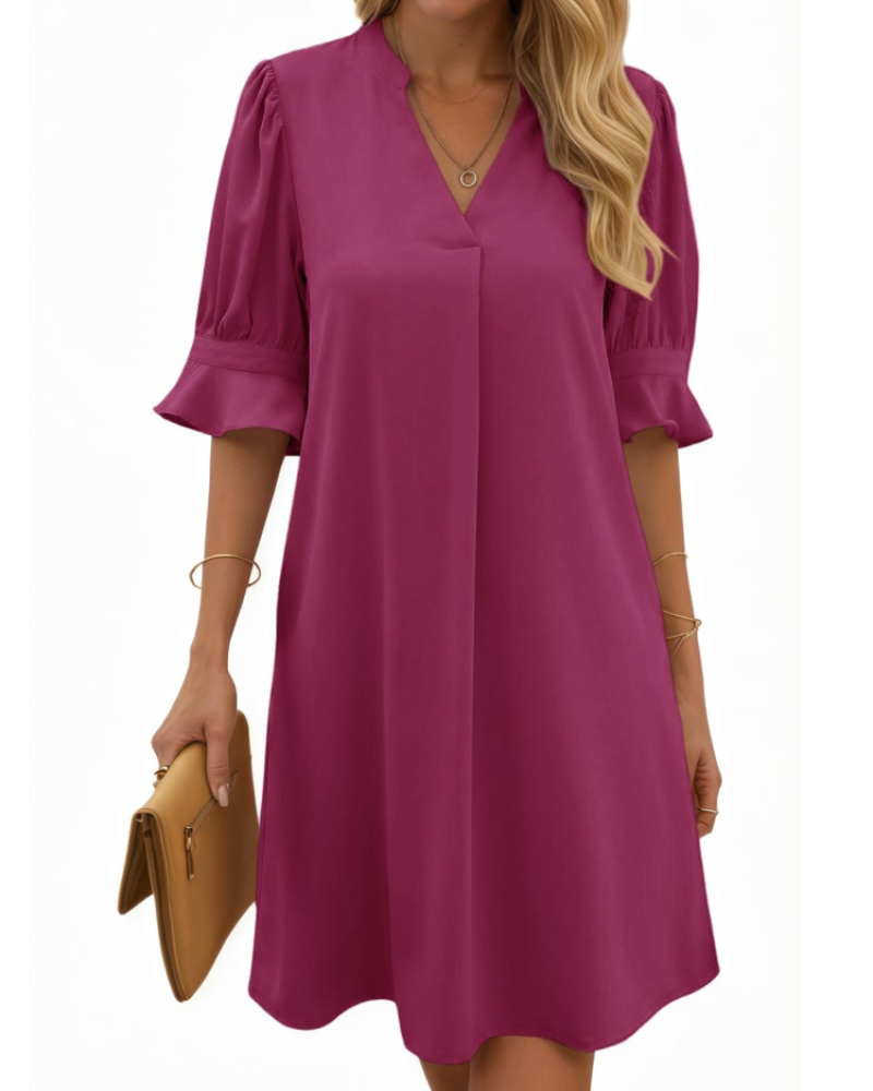 Clara Vestido Midi Mujer – Cuello en V, Mangas Fruncidas y Diseño Color Liso