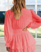 Lara Vestido Mini Mujer – Cuello V Profundo, Lazo Frontal y Bajo con Volantes