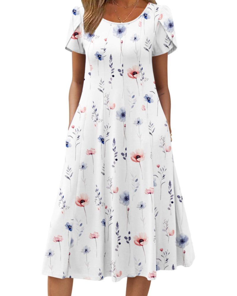 Harper Vestido Midi Mujer – Corte Línea A, Manga Corta, Bolsillos y Estampado Floral