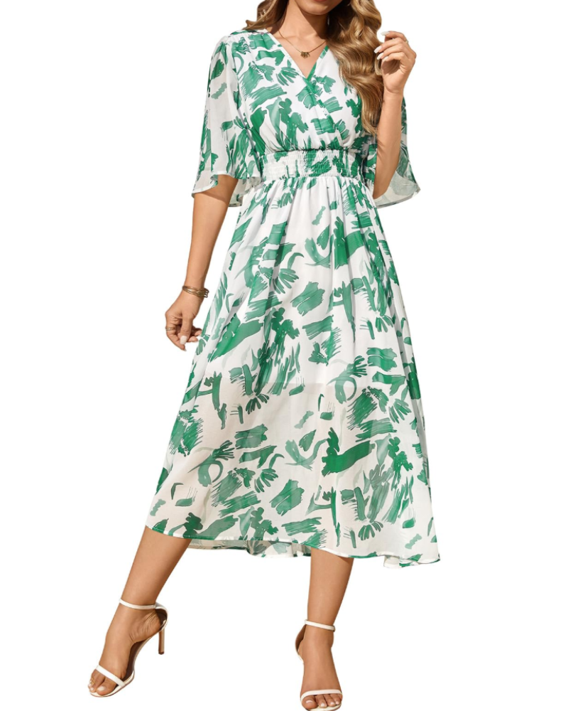 Penelope Vestido Maxi Mujer – Cuello en V, Cintura Elástica y Estampado Floral