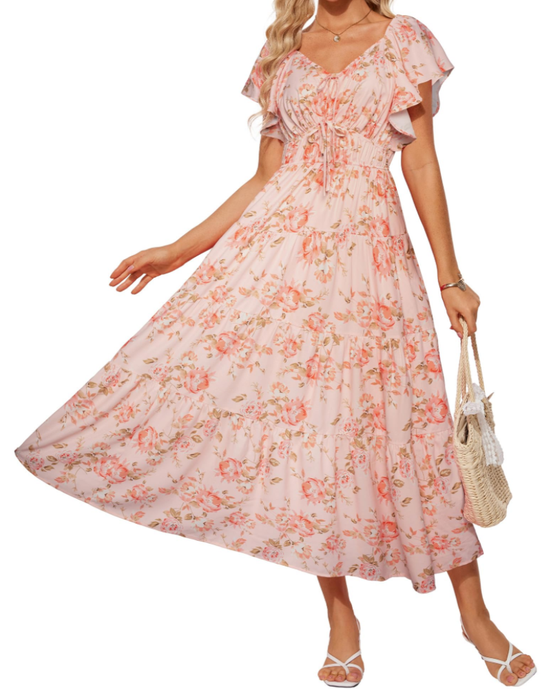 Camryn Vestido Maxi Floral Mujer – Cuello en V, Volantes y Cintura Elástica