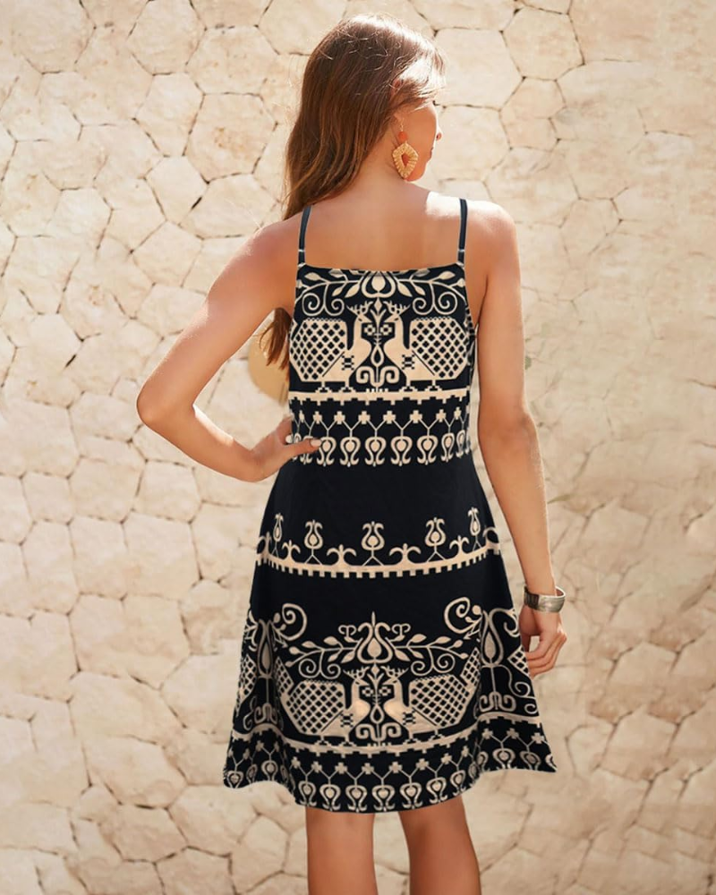 Robe Halter Boho Femme Rowena – Imprimé Ethnique, Bretelles Ajustables et Longueur Midi