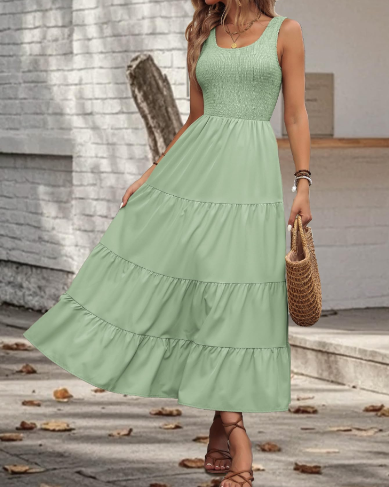 Serena Vestido Midi Mujer – Sin Mangas, Volantes, Cuello Cuadrado y Corte Fluido