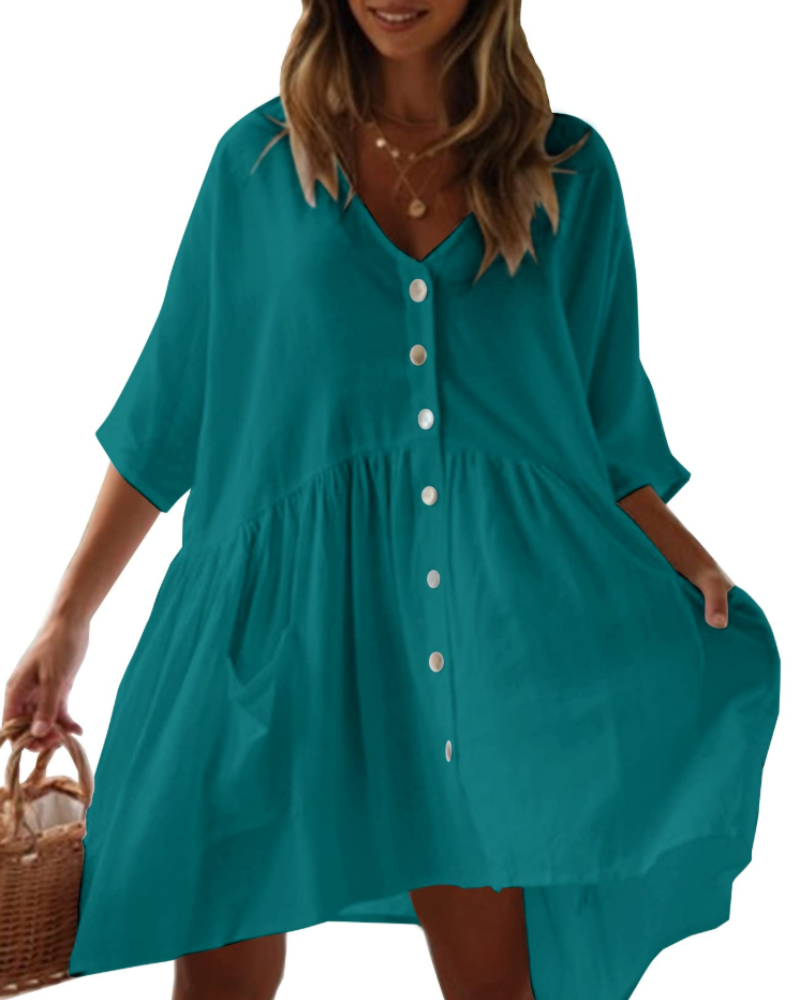 Naomi Vestido Playa Mujer – Rayón Ligero, Cuello en V, Bolsillos y Corte Oversize