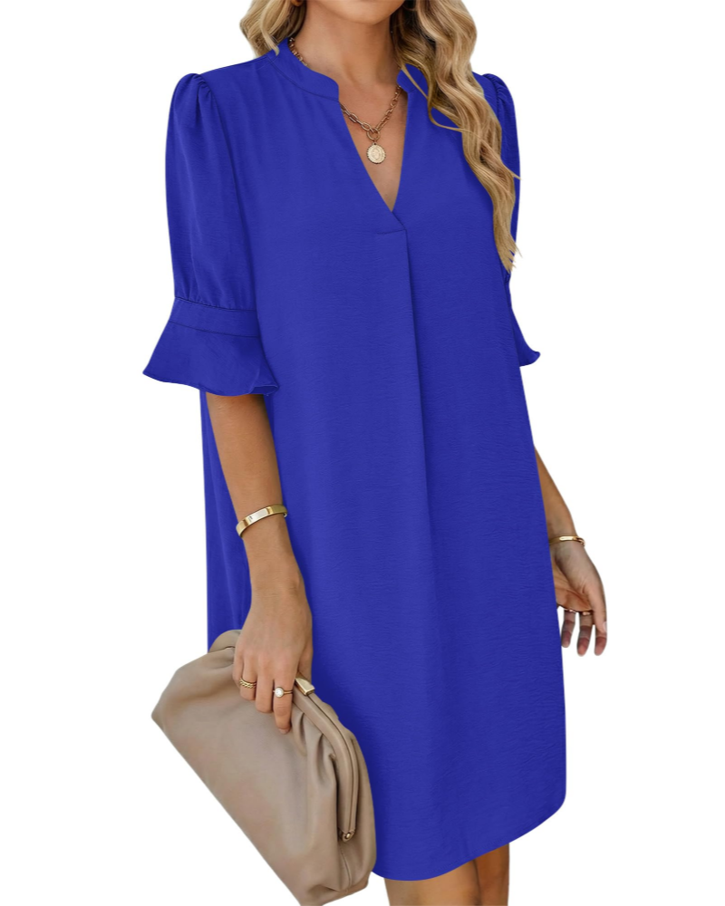 Juliet Vestido Camisero Mujer – Cuello en V, Mangas Volantes, Corte Línea A y Bolsillos
