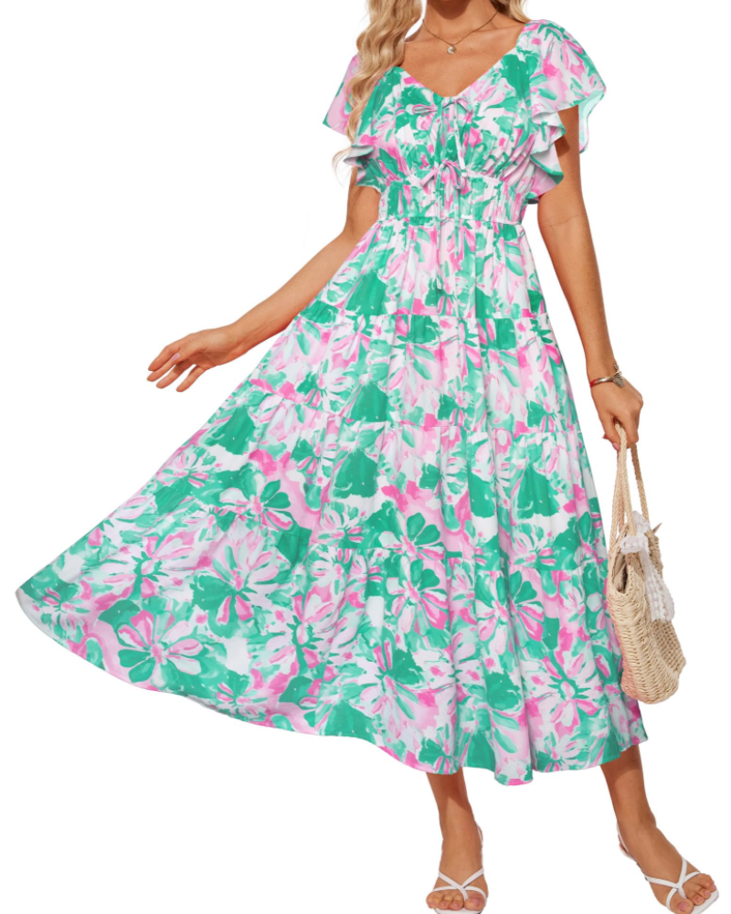 Camryn Vestido Maxi Floral Mujer – Cuello en V, Volantes y Cintura Elástica