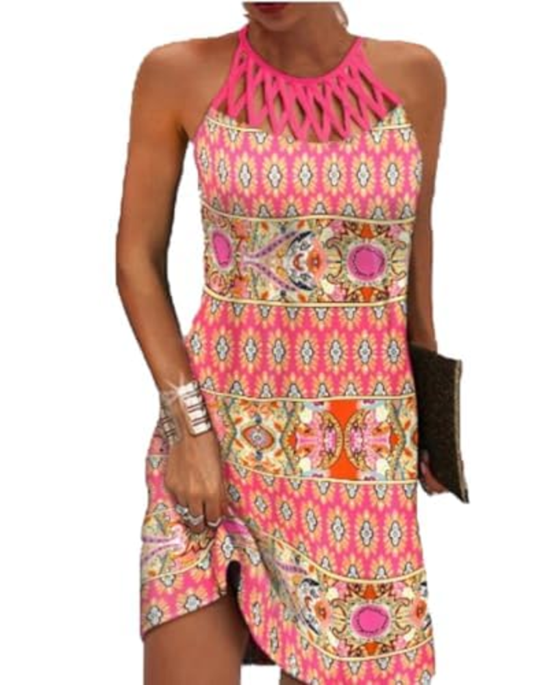 Robe Halter Boho Femme Rowena – Imprimé Ethnique, Bretelles Ajustables et Longueur Midi