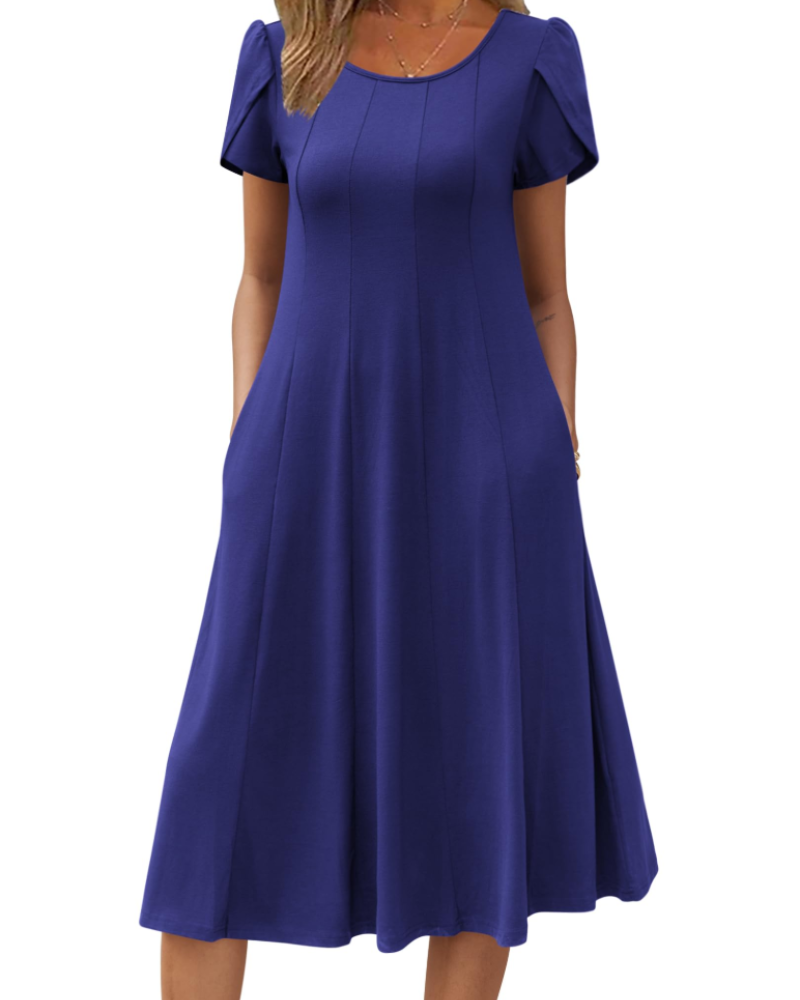 Harper Vestido Midi Mujer – Corte Línea A, Manga Corta, Bolsillos y Estampado Floral