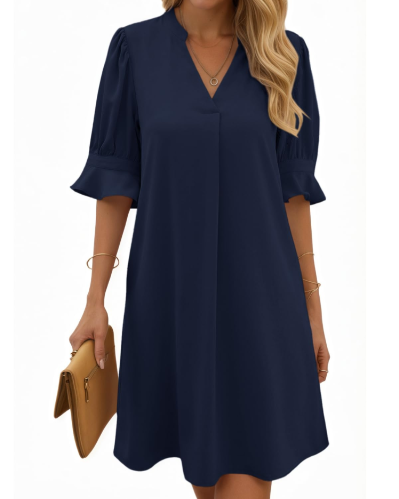 Clara Vestido Midi Mujer – Cuello en V, Mangas Fruncidas y Diseño Color Liso