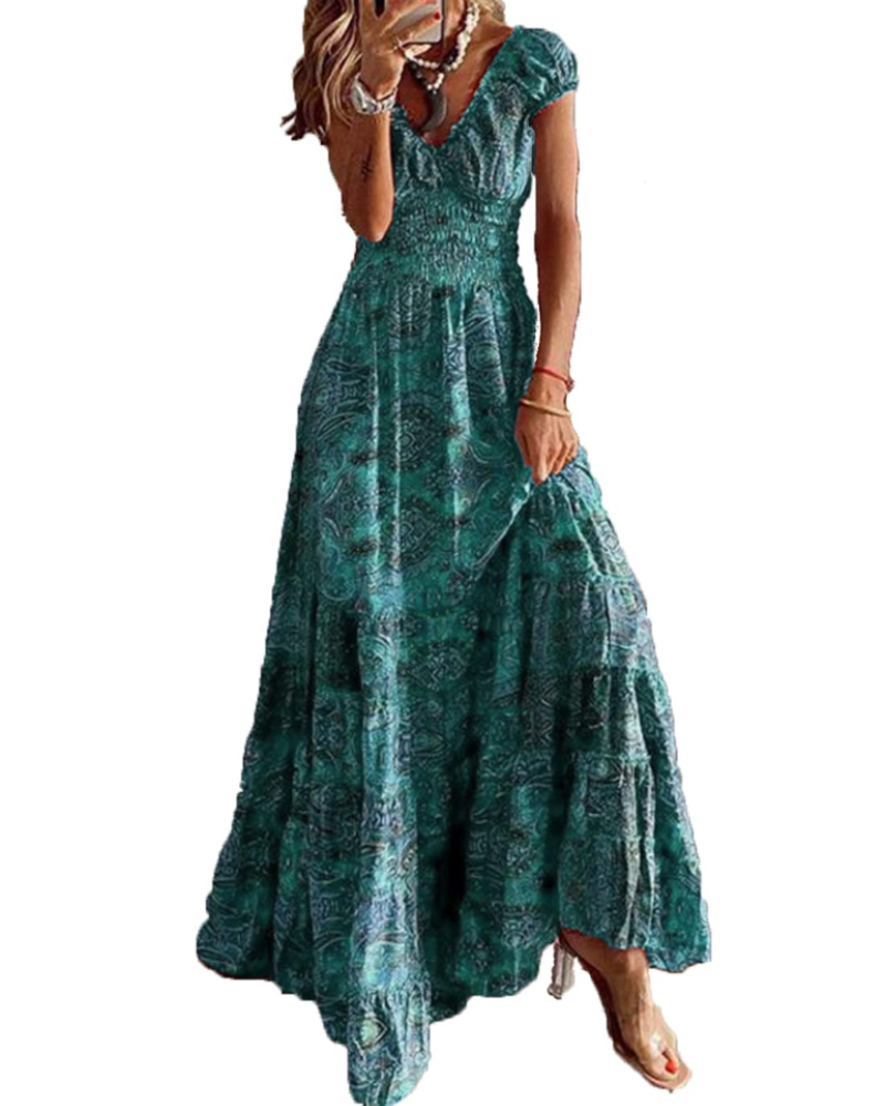 Elara Vestido Maxi Mujer – Cuello en V, Estampado Floral y Cintura Elástica