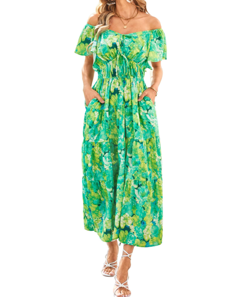 Camryn Vestido Maxi Floral Mujer – Cuello en V, Volantes y Cintura Elástica