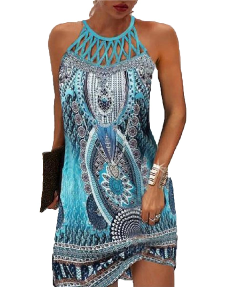 Robe Halter Boho Femme Rowena – Imprimé Ethnique, Bretelles Ajustables et Longueur Midi
