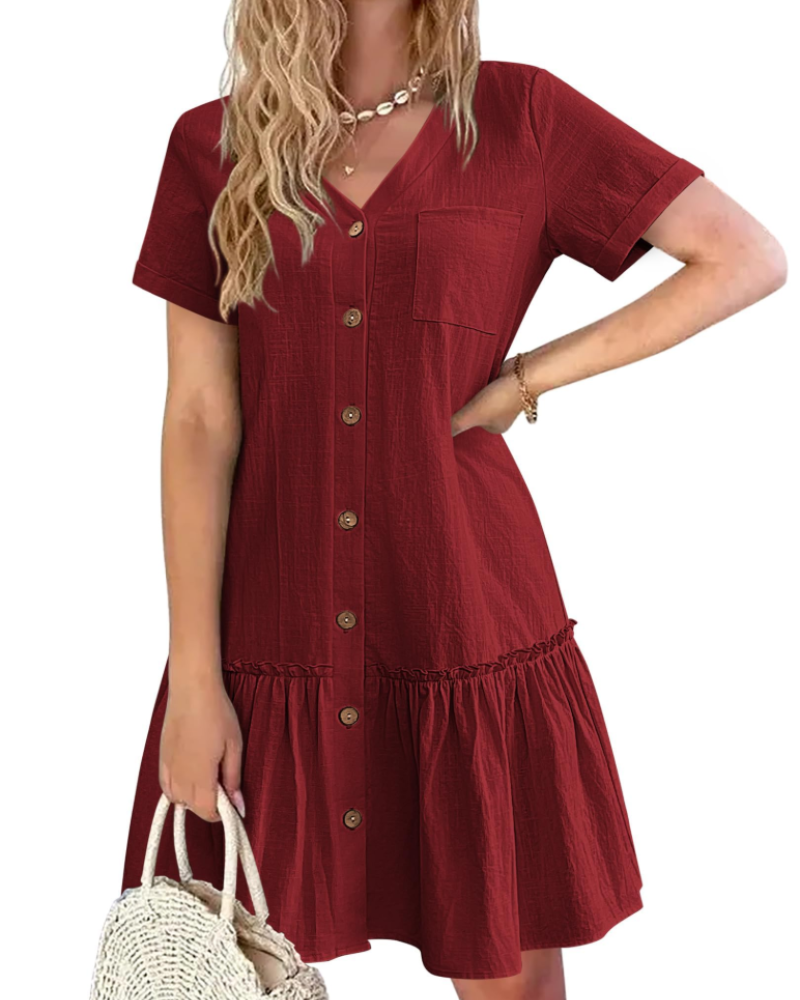Iris Vestido Mujer Algodón y Lino – Cuello en V, Botones de Madera y Falda Plisada