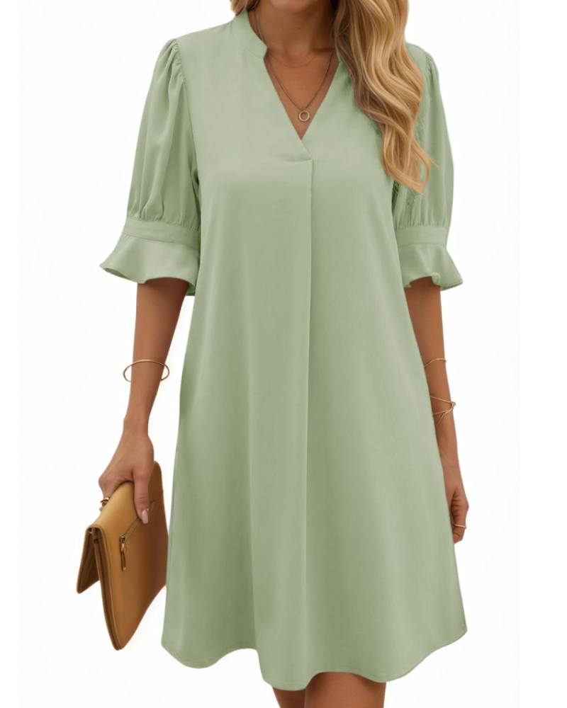 Clara Vestido Midi Mujer – Cuello en V, Mangas Fruncidas y Diseño Color Liso