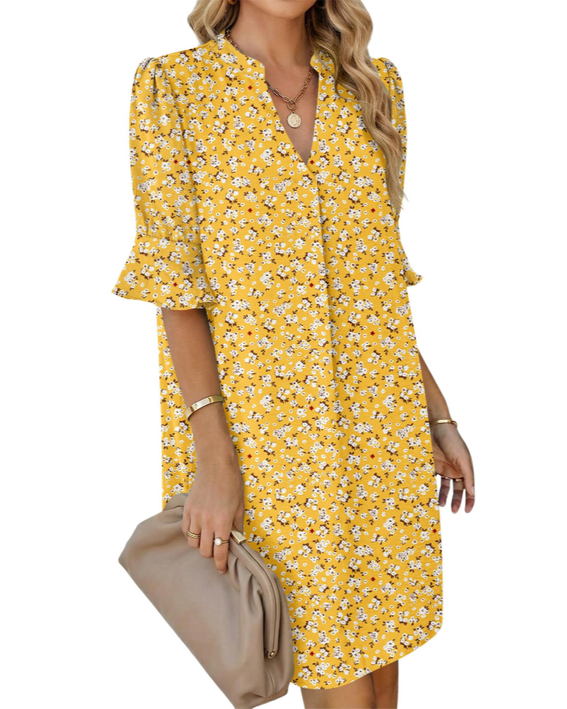 Juliet Vestido Camisero Mujer – Cuello en V, Mangas Volantes, Corte Línea A y Bolsillos